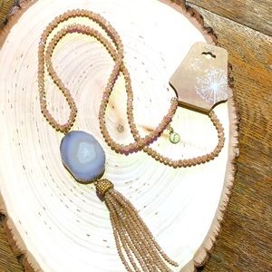 JM faux geode crystal bead tassel necklace